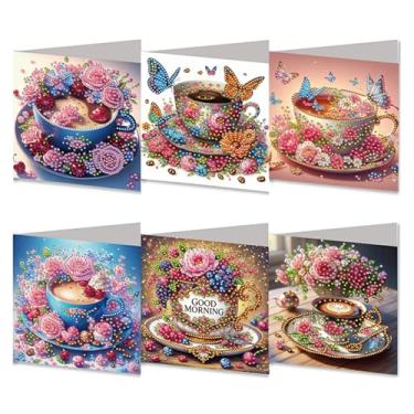Imagem de MaiYiYi Pacote com 6 cartões DIY Good Morning Diamond Art Greeting Cards, Coffee Diamond Painting Cards, Butterfly Rose Diamond Art Cards with Envelopes for Family Friends Holiday Birthday