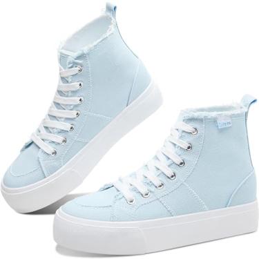 Imagem de Obtaom Tênis de cano alto plataforma feminino cano médio para brincar de lona, plataforma lavada, skate, tênis casual de lona, Ciano, 36