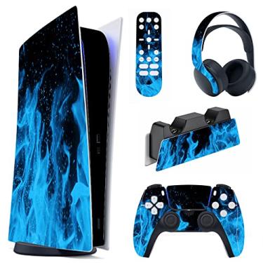 Imagem de PlayVital Conjunto completo de decalque Blue Flame para console ps5 edição digital, adesivo de vinil para controle ps5, estação de carregamento, fone de ouvido e controle remoto de mídia