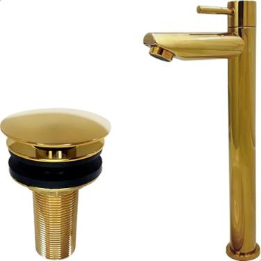 Imagem de Dona D Cor, Kit Torneira Dourada Bica Alta Válvula Click 7/8 Inox Pia Banheiro Torneira Fria Simples 1/4 Volta