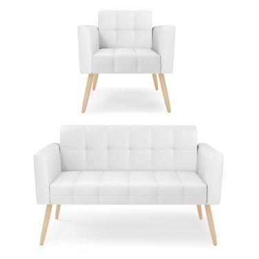 Imagem de Kit 1 Sofá Namoradeira E 1 Poltrona Elisa Corino Branco Pés Palito Natural - D'rossi