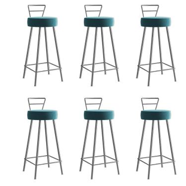 Imagem de Kit 06 Banqueta Alta Com Encosto Tyna Eiffel Cozinha Ferro Cinza Suede Azul Turquesa - Amey Decor