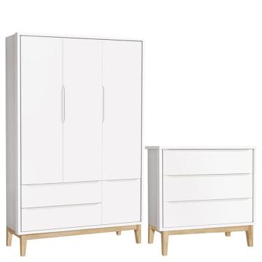 Imagem de Cômoda Gaveteiro E Guarda Roupa Infantil 3 Portas New Classic Branco Com Pés Madeira Natural - Reller