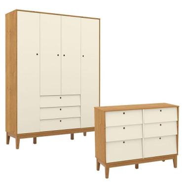 Imagem de Cômoda 6 Gavetas E Guarda Roupa Unique 4 Portas Freijó Off White Eco Wood - Matic