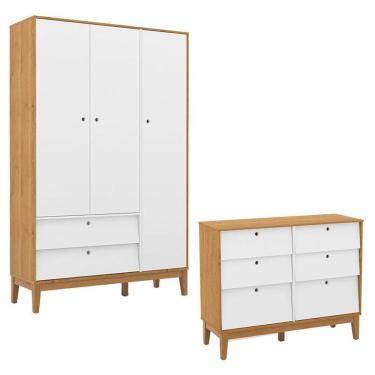Imagem de Cômoda 6 Gavetas E Guarda Roupa Unique 3 Portas Freijó Branco Soft Eco Wood - Matic