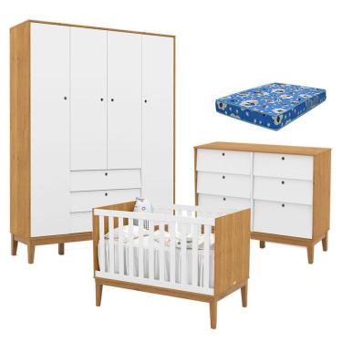 Imagem de Quarto De Bebe Unique 4 Portas Com Cômoda 6 Gavetas Freijó Branco Eco Wood E Colchão Ortobom - Matic