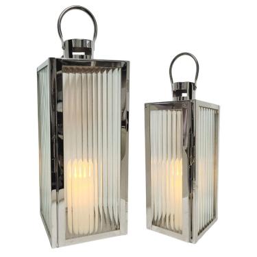 Imagem de Jogo 2 Lanternas Decorativa Iluminada Inox e Vidro Canelado 40cm e 32cm com Vela LED - Mabruk