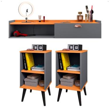 Imagem de Jogo 2 Mesas Cabeceira Nicho Prateleira Compacta Penteadeira Multiuso Aparador Home Suspenso Sala Quarto Puxador Concha - Lojas RPM (Cinza/Cinamomo)