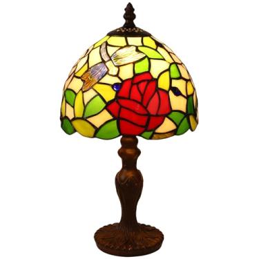 Imagem de tuomoxte Luminária De Mesa Estilo Tiffany, Vitral Antigo Pequeno 8" Com Padrão Libélula E Rosa, Para Cabeceira, Quarto, Sala Estar, Escritório, Inclui Lâmpada Led