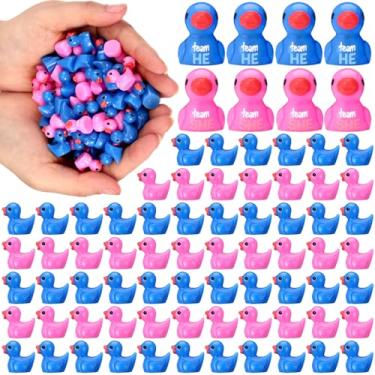 Imagem de RoundFunny 100 peças rosa azul revelação de gênero mini resina patos equipe ele equipe ela minúsculas estátuas de pato mini figuras de pato de resina para chá de bebê revelação de gênero decoração de