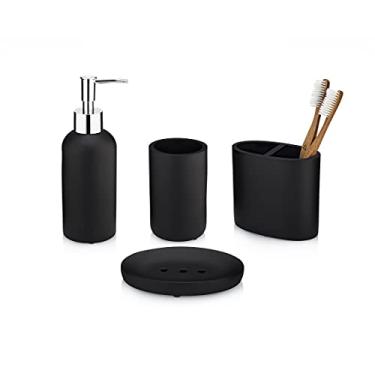 Imagem de Essentra Home Conjunto De Acessórios Para Banheiro Matte Black Collection Com 4 Peças. Inclui: Dispensador Sabonete Bomba Cromada, Porta-Escovas Dentes, Copo E Prato.