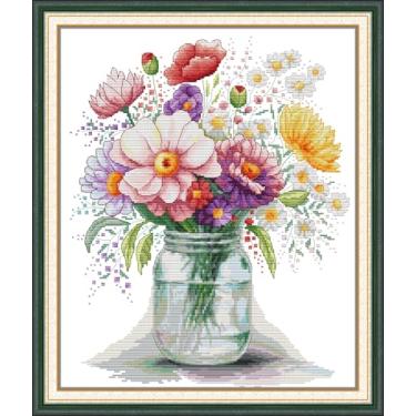 Imagem de Benway Kit de bordado de ponto cruz estampado 11 CT, tapeçaria, conjuntos de ponto cruz impresso, decoração de parede, presente DIY para ela, vaso de flores silvestres colorido 45 × 55 cm, 17,72" x