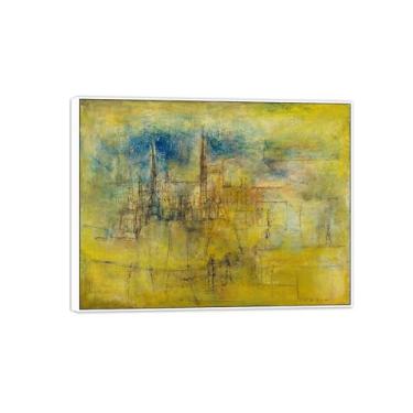 Imagem de MUHJDYC Zao Wou-ki Pintura famosa abstrata - imagem de arte em tela - arte de parede para sala de estar - reprodução de impressões (amarelo) moldura branca 30x40cm-12x16in
