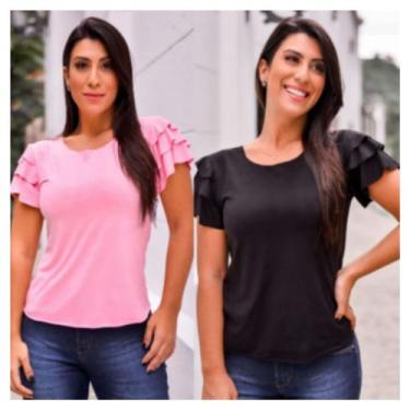 Imagem de Blusa feminina tshirt suede manga curta babado 3 - filo modas, Azul, p