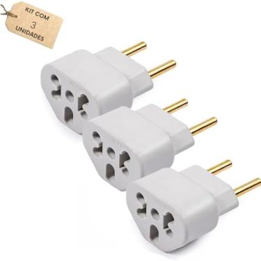 Imagem de Kit 03 Adaptador De Tomada Universal Benjamin Bob Love Plug 10A e 20A Compatível com Diversos Aparelhos Até 250v T Pino Chato 10a/20a 250V Pino Maciço Universal Branco Pequeno