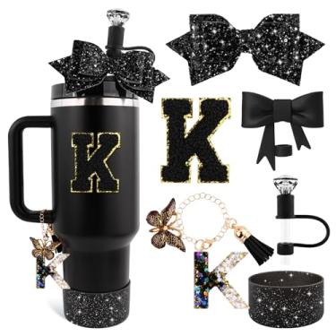 Imagem de Lingdeer Conjunto de acessórios de copo preto para Stanley 850 g e copo de 1,134 g com alça, pingentes de letras, capas de canudo de arco e diamante, bota de silicone com glitter, adesivo
