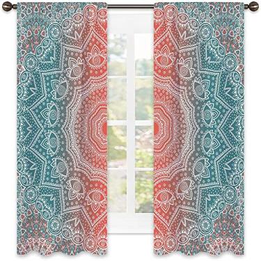 Imagem de Cortina blackout coral e azul-petróleo, tema mandala moderna com arte ombré geométrica floral, para quarto, jardim de infância, sala de estar, L 132 x C 239 cm chá coral