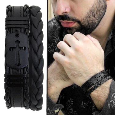 Imagem de Pulseira Ajustável De Couro Masculina Tag Cruz Vazada Preta - GRANADO 