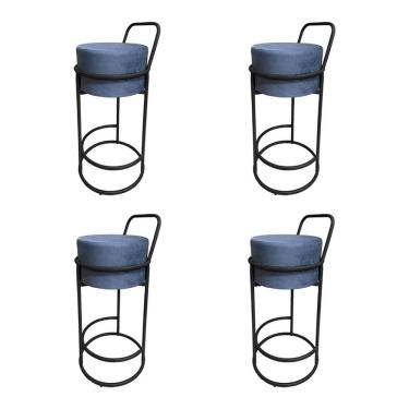 Imagem de Kit 4 Banquetas Alta Redonda Base Preta Veludo Cinza