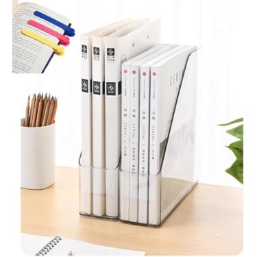 Imagem de AveltroX Suporte de revistas de acrílico e organizador de livros, pacote com 4 – Rack de armazenamento de arquivos transparente para escritório/casa, inclui 3 marcadores de livro de silicone (design