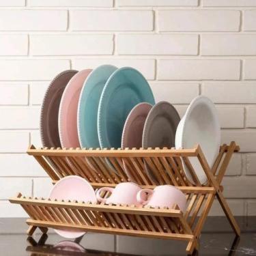 Imagem de Escorredor Pratos Bambu Cozinha Casa Louça Talheres Suporte Dobrável T