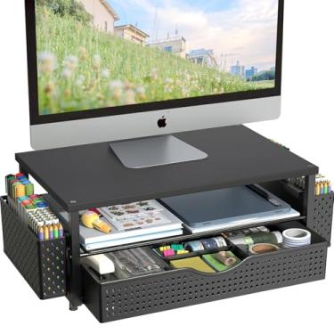 Imagem de Organizador de mesa e acessórios, suporte para monitor de computador com gaveta e 2 suportes de caneta, acessórios de mesa de escritório e organizadores de espaço de trabalho para material de