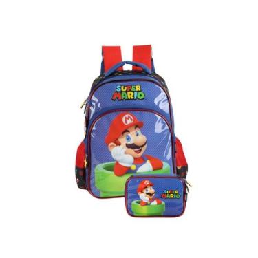 Imagem de Kit Mochila Costas Estojo Box Super Mario 100 Pens Infantil, Azul