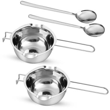 Imagem de Milkary 2 peças de panela dupla de aço inoxidável de 600 ml com 2 colheres de metal, panela de derretimento de chocolate para derreter velas de queijo e manteiga de chocolate, kit de fabricação de