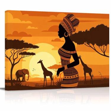 Imagem de Arte de parede impressa em tela feminina africana - África Étnica Elefante Girafa Animais Pôr do Sol - Decoração de Parede Moderna Pinturas Imagens para Sala de Estar Esticadas e Emolduradas Prontas