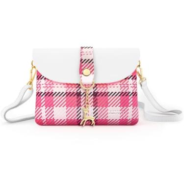 Imagem de AISPARKY Pequena bolsa transversal, bolsa pequena de couro PU para meninas com pingente com alça/alça de corrente dourada, Estampa quadriculada - rosa, Bonito