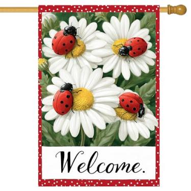 Imagem de BlissYard Ladybug Daisy House Bandeira 71 x 101 cm Bandeira de boas-vindas de jardim dupla face com borda de bolinhas vermelhas para decoração de varanda de jardim ao ar livre primavera verão