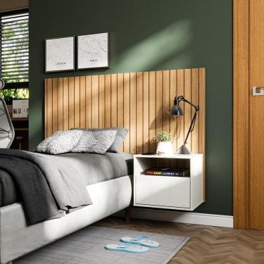 Imagem de Cabeceira Box Solteiro 0.90 Efeito Ripado C/ 1 Mesas de Cabeceira Suspensa Cross Freijó - Movelove