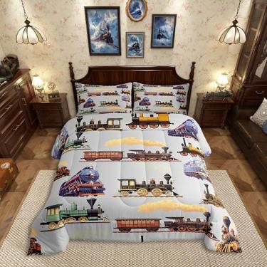 Imagem de Erosebridal Jogo de cama casal com trem a vapor, para crianças, adolescentes e adultos, conjunto de cama de caminhão, vintage, cinza