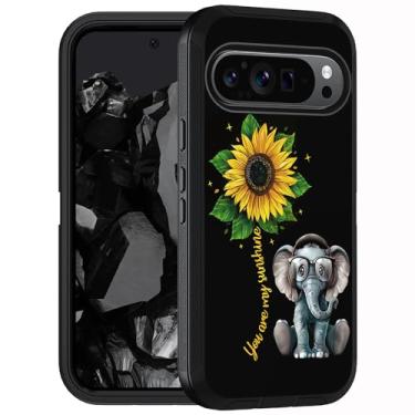 Imagem de FQTBCEARI Capa projetada para Google Pixel 10 Pro XL/Google Pixel 9 Pro XL, capa protetora para celular de 3 camadas à prova de choque à prova de choque, elefante e girassol