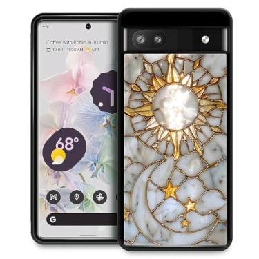 Imagem de CARLOCA Capa compatível com Google Pixel 6A para meninas à prova de choque antiarranhões capa traseira de PC rígida estética padrão sol lua mosaico branco mármore dourado