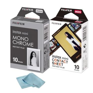 Imagem de Fujifilm Combo Instax Mini Film – Folha de contato (10 fotos) + Monocromático (10 fotos) + Pano de limpeza de microfibra BluebirdSales – Filme instantâneo para câmeras Instax Mini