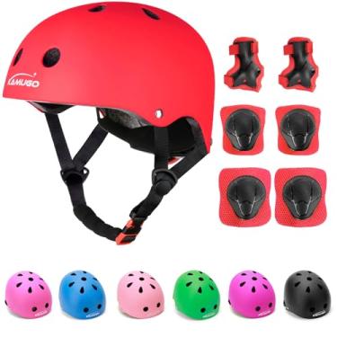 Imagem de KAMUGO Capacete infantil ajustável, com conjunto de equipamentos de proteção esportivos, joelheiras, cotoveleiras para crianças de 3 a 8 anos, conjunto de capacetes de patins (vermelho)
