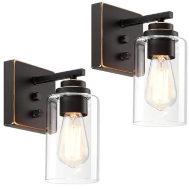 Imagem de Pia Ricco Conjunto de 2 arandelas de parede, lâmpadas de parede de cabeceira com interruptor para quarto, luminárias modernas de banheiro com sombra de vidro transparente, arandelas de bronze polido a