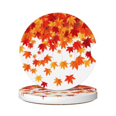 Imagem de Neukim Pacote com 2 porta-copos de carro de folha de bordo laranja vermelha, 6 cm, tema de outono, antiderrapante, porta-copos absorvente de cerâmica com base de cortiça e entalhe de dedo, acessórios