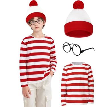 Imagem de Oiziuzio Camisa listrada vermelha e branca de manga comprida, conjunto de 3 peças, blusa listrada clássica com chapéu, óculos, roupa engraçada para cosplay de Halloween, G