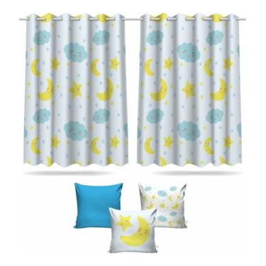 Imagem de Kit Cortina + 3 Capas Almofadas Infantil Nuvem Azul Mod 05 - Decorando