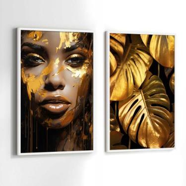 Imagem de Conjunto Quadros Decorativos com Moldura Mulher Preta Dourado Kit 2 Qu