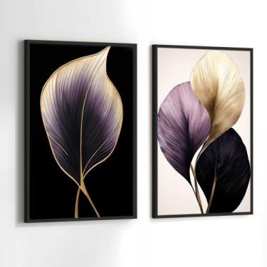 Imagem de Conjunto Quadros Decorativos com Moldura Floral Roxoe Dourado Folhas L