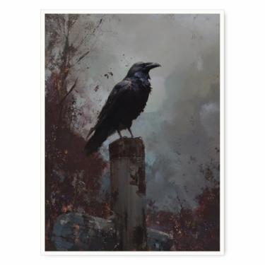 Imagem de Arte de parede de corvo gótico – Corvo preto misterioso na cerca Post em tela de cena de floresta enevoada para Dark Academia ou Witchy Halloween Room Decor - 30 x 40 cm pronto para pendurar (sem