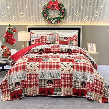 Imagem de Conjunto de Colcha de Natal Queen Size 3 Peças Vermelho Árvore de Natal Floco de Neve Cabine Xadrez Patchwork Colcha Conjunto Reversível Leve Edredom Conjunto de Cama Cobertor com 2 Fronhas