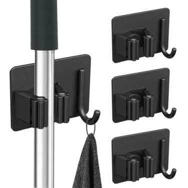 Imagem de YingEnter 4 peças de suporte de vassoura de esfregão sem broca SUS304 aço inoxidável, organizador de ferramentas resistentes, suporte de ancinho e pá, rack de armazenamento autoadesivo para banheiro