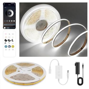 Imagem de Pandery Fita de LED COB branca fria, kit de fita de luz LED regulável de 24 V com controle remoto e aplicativo, 6000K 9,84 pés/3 m 8 mm de largura Ra> 90 fitas flexíveis cortáveis para quarto, luzes