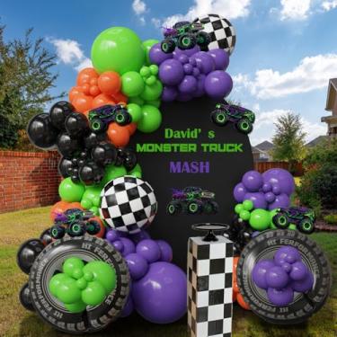 Imagem de 144 peças de decorações de aniversário de caminhão monstro para meninos – kit de arco de balão verde roxo laranja preto com balões de folha de pneu, balões quadriculados, suprimentos de festa de