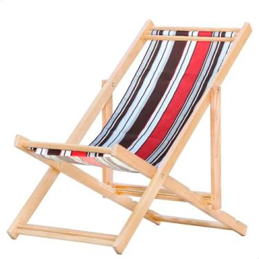 Imagem de Espreguiçadeira Dobrável em Madeira Maciça para Varanda – Reclinável, Sem Braço, Natural (Listrado Marrom Vermelho)