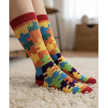 Imagem de Meias Divertidas Adulto Algodão Quebra Cabeça Autismo Calça do 35 ao 4